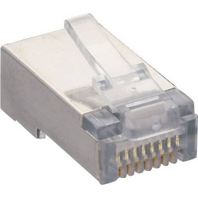 RJ45 utikač s prozirnim plastičnim poklopcem i kontaktnim pinovima zlatne boje za Ethernet mrežne povezivosti.