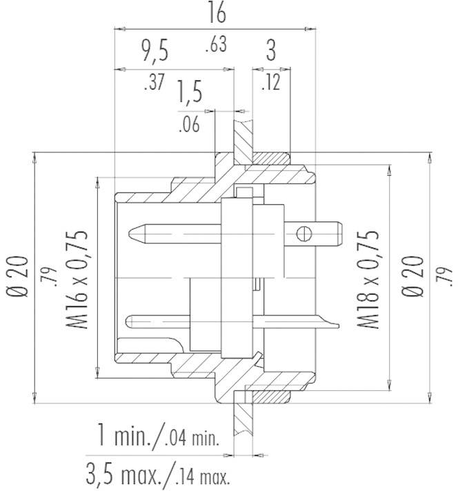 Tehnički nacrt cilindričnog kućišta s mjerama u milimetrima. Promjer: 20. Navoj M16 x 0,75 i M18 x 0,75. Min. 1, maks. 3,5.