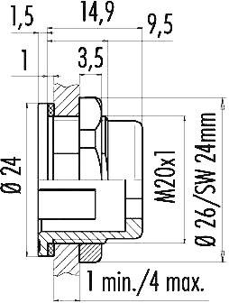 Tehnički nacrt cilindričnog dijela s dimenzijama: 14,9 mm duljine, 24 mm promjera, navoj M20x1, ključna širina 24 mm.