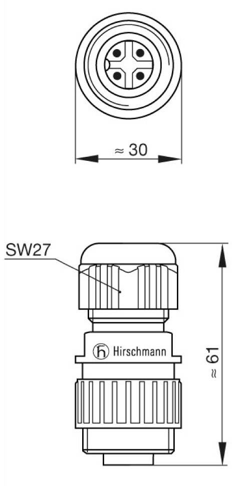 Tehnički nacrt priključka s logotipom Hirschmanna. Promjer je oko 30 mm, a duljina 61 mm.