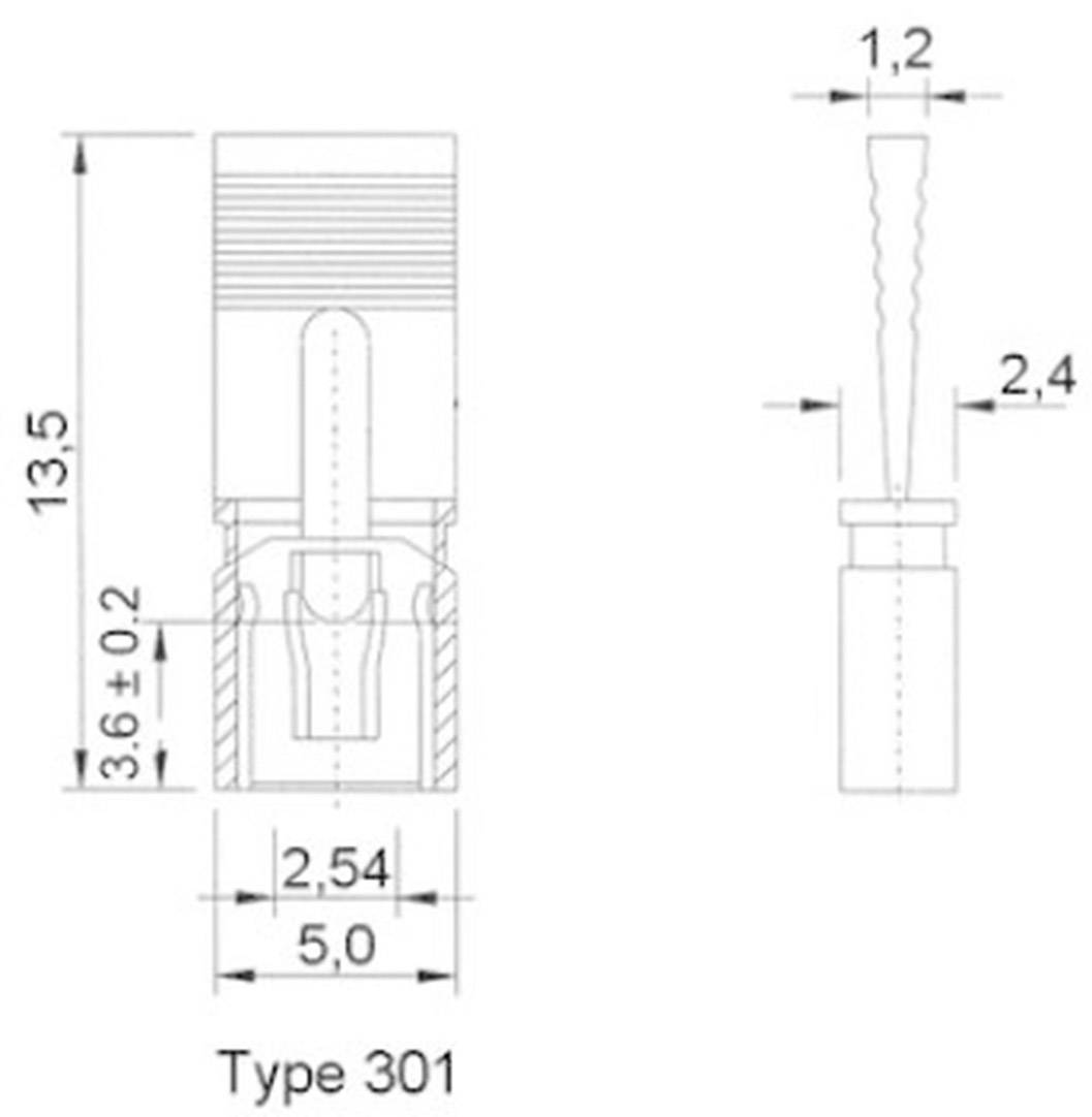 Tehnički crtež utičnog konektora tipa 301. Dimenzije: visina 13,5 mm, širina 5,0 mm, unutarnji razmak 2,54 mm i pin 1,2 mm.
