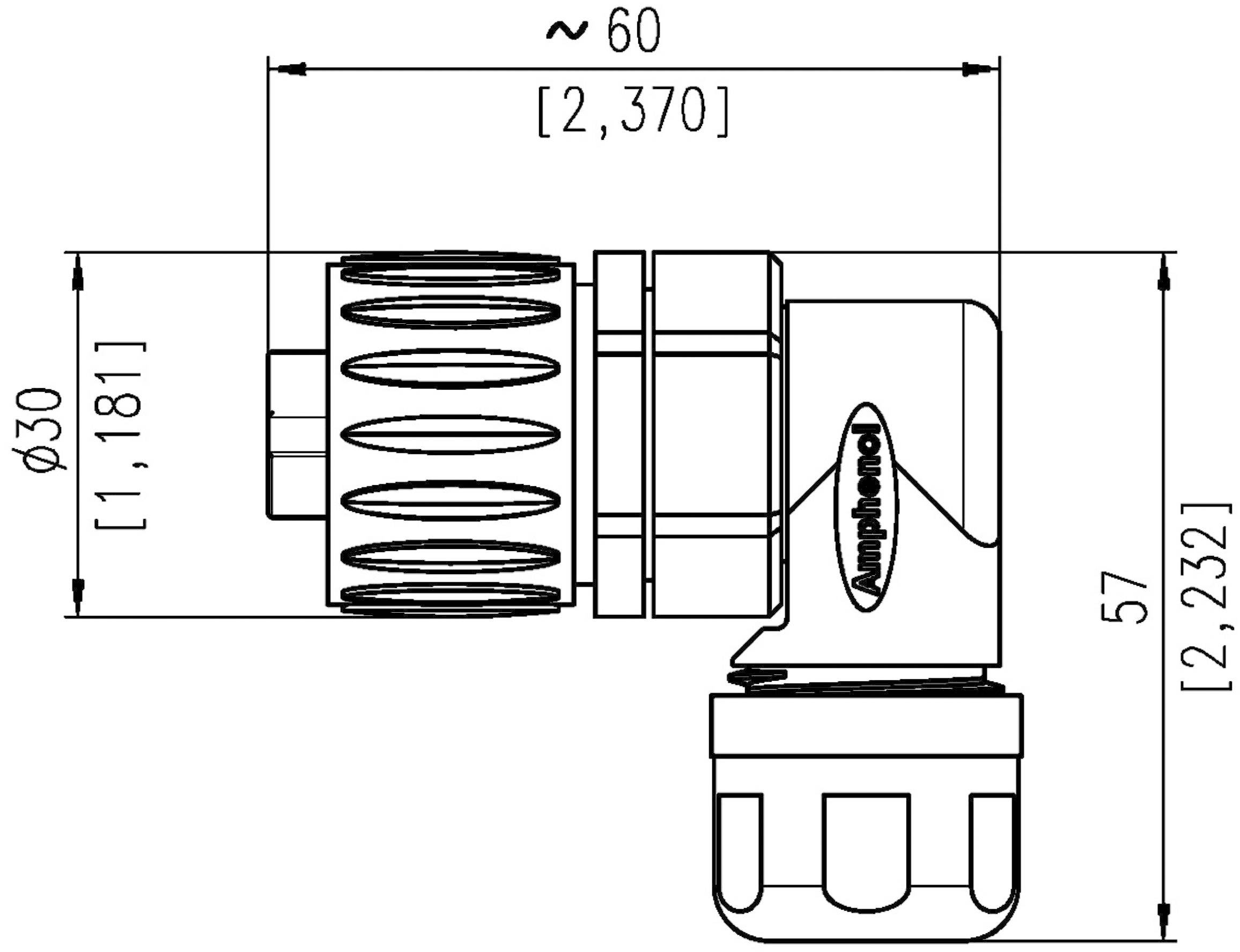 Tehnički nacrt konektora s mjerama: duljina 60 mm, promjer 30 mm, visina 57 mm.