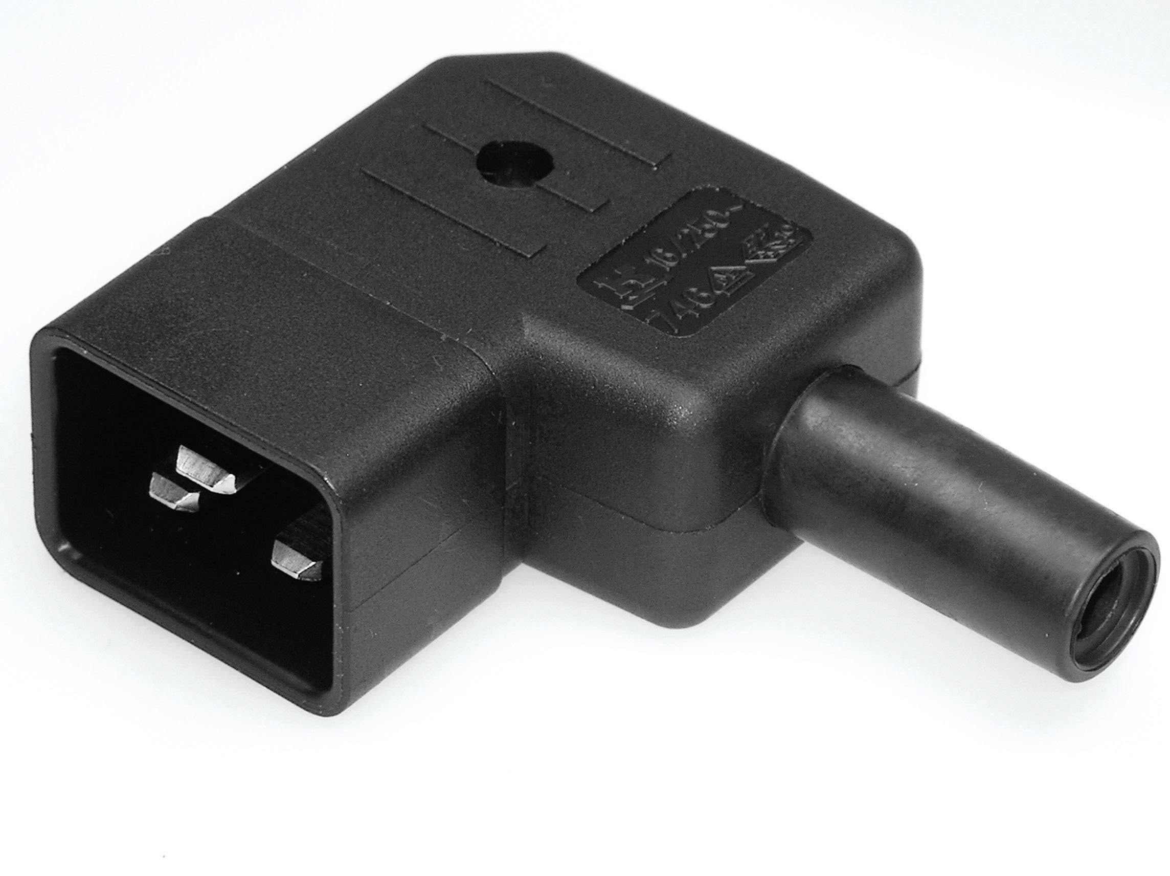 Crni kutni adapter s pravokutnim priključkom i okruglim izlazom za kabel; koristi se za povezivanje elektroničkih uređaja.