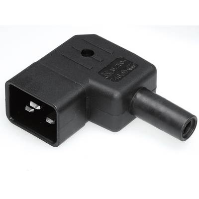 Crni kutni adapter s pravokutnim priključkom i okruglim izlazom za kabel; koristi se za povezivanje elektroničkih uređaja.