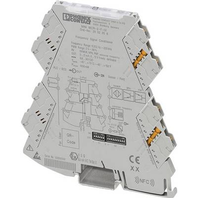 Elektronički uređaj tvrtke Phoenix Contact za kondicioniranje signala s naznakama raspona frekvencija i QR kodom, u sivom kućištu.