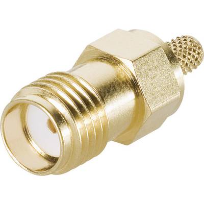 Zlatni koaksijalni adapter s šesterokutnom maticom i rebrasto završenim krajem služi za spajanje električnih kabela.