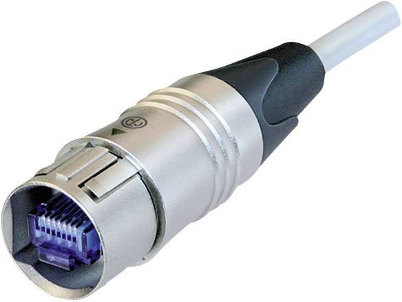 Srebrni RJ45 utikač s crnom kabelskom izolacijom, pogodan za LAN povezivanje.