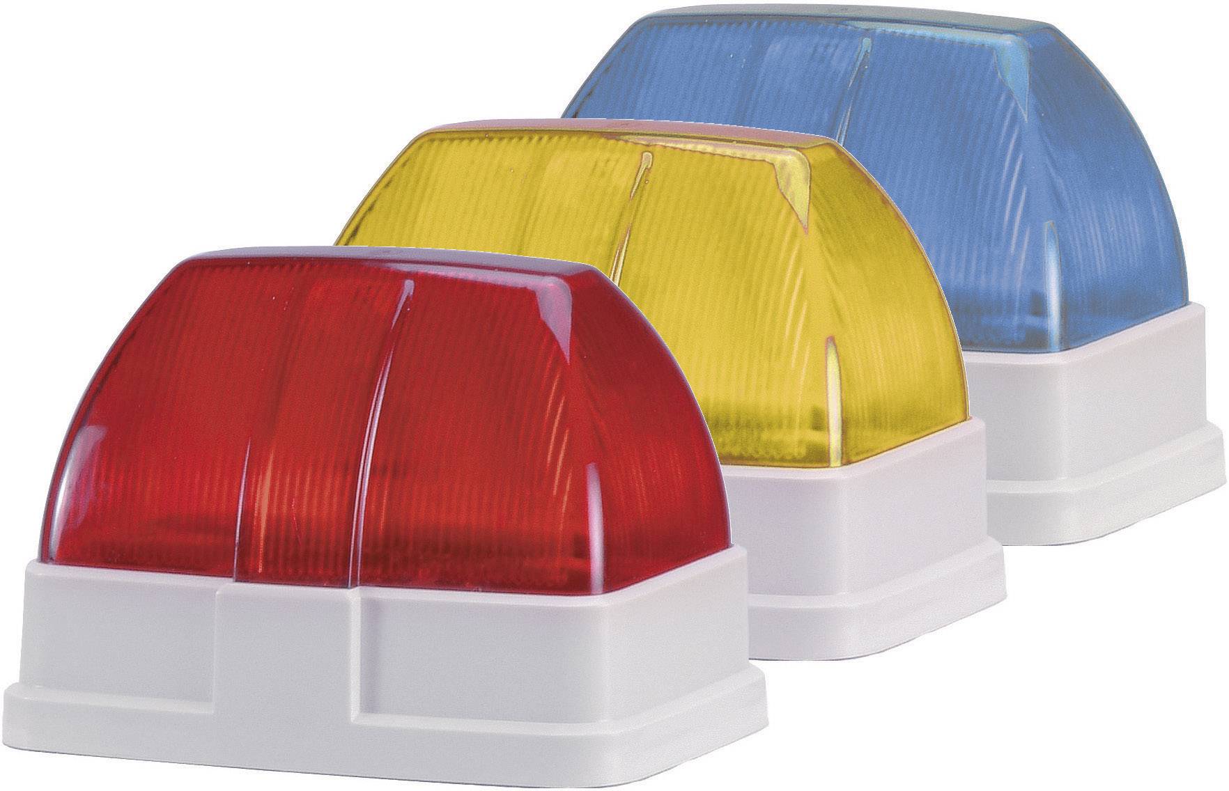 Tri signalne lampice u bojama crvene, žute i plave, postavljene jedna do druge na bijelim postoljima.