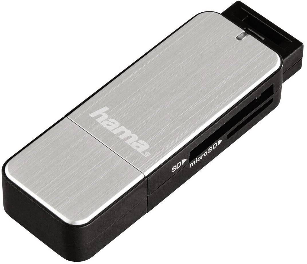 Kompaktni USB čitač kartica s utorima za SD i microSD kartice, srebrni poklopac kućišta s crnim rubom.