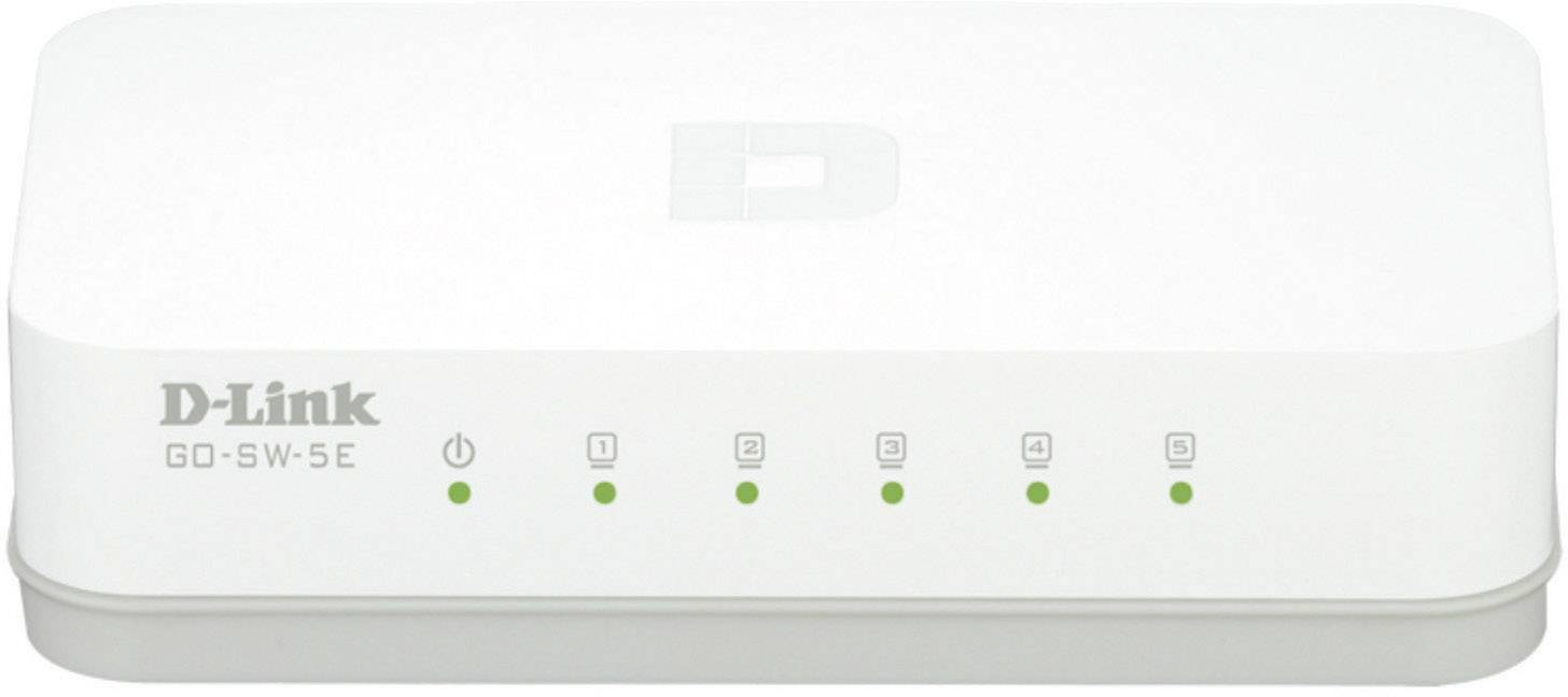 Bijeli mrežni switch marke D-Link s pet Ethernet priključaka i LED indikatorima na prednjoj strani.