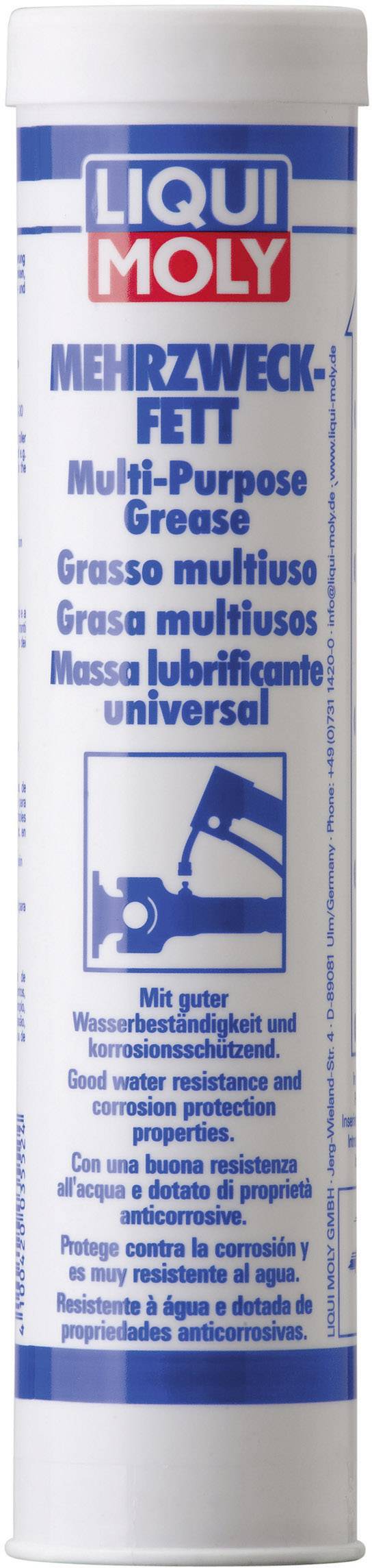 Pakiranja tube 'LIQUI MOLY Višenamjenski mazivi premaz' s plavim logotipom. Sadrži upute za upotrebu na nekoliko jezika.
