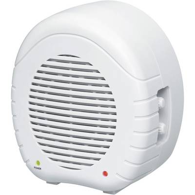 Bijeli električni grijač prostora s ventilacijskom rešetkom i kontrolnim lampicama u zelenoj i crvenoj boji, koje prikazuju status rada. Pogodan za unutarnje prostore.
