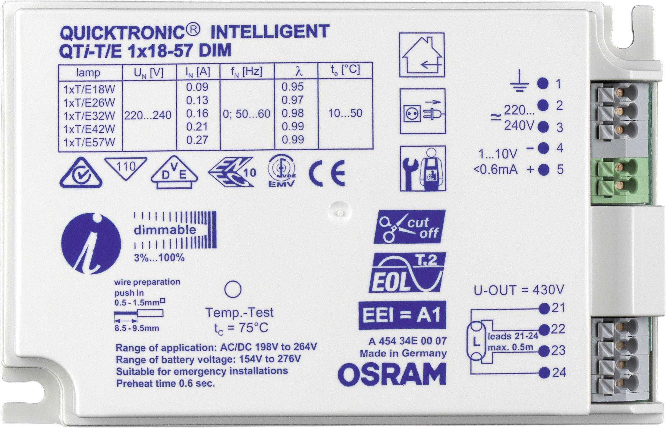 OSRAM predsklopni uređaj za svjetiljke QTI-T/E 1X18-57/220-240 DIM UNV1 4008321060860