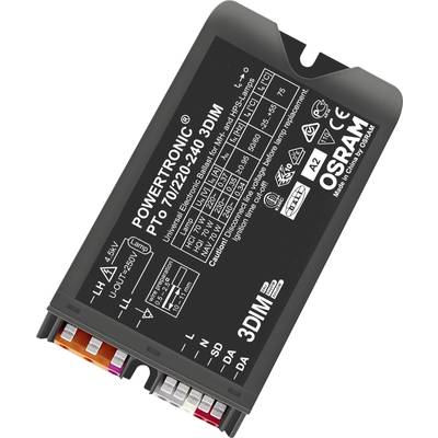 Elektronički pogonski uređaj od OSRAM-a, model Powertronic PTi 70/220-240/3DIM, prikladan za 70W HID žarulje, prikazuje tehničke specifikacije i priključke.