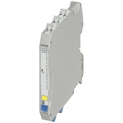 Sivi, vitki elektronički uređaj za montažu na DIN šinu, s više utora i oznaka za industrijske primjene.