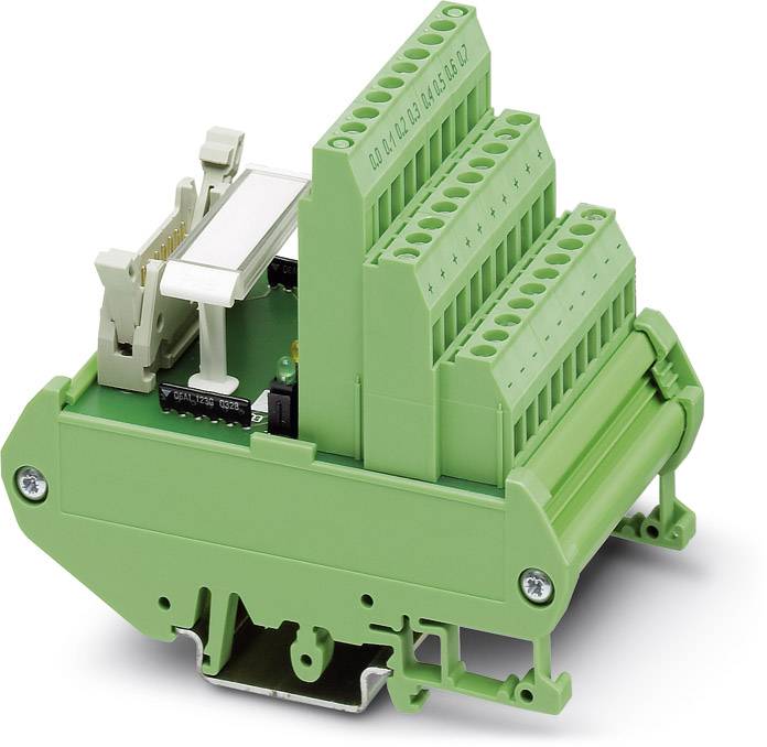 Zelena modularno-priključna jedinica za montažu na stražnju stijenku s više stezaljki za električne razvodne ormare.