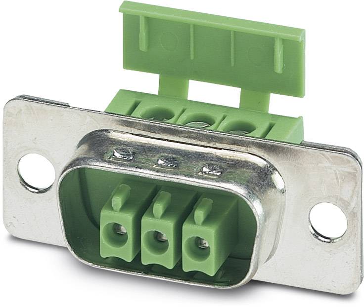 Zeleni, trofazni utikač s metalnim kućištem. Električni priključak za elektroničke uređaje ili strujne sklopove.