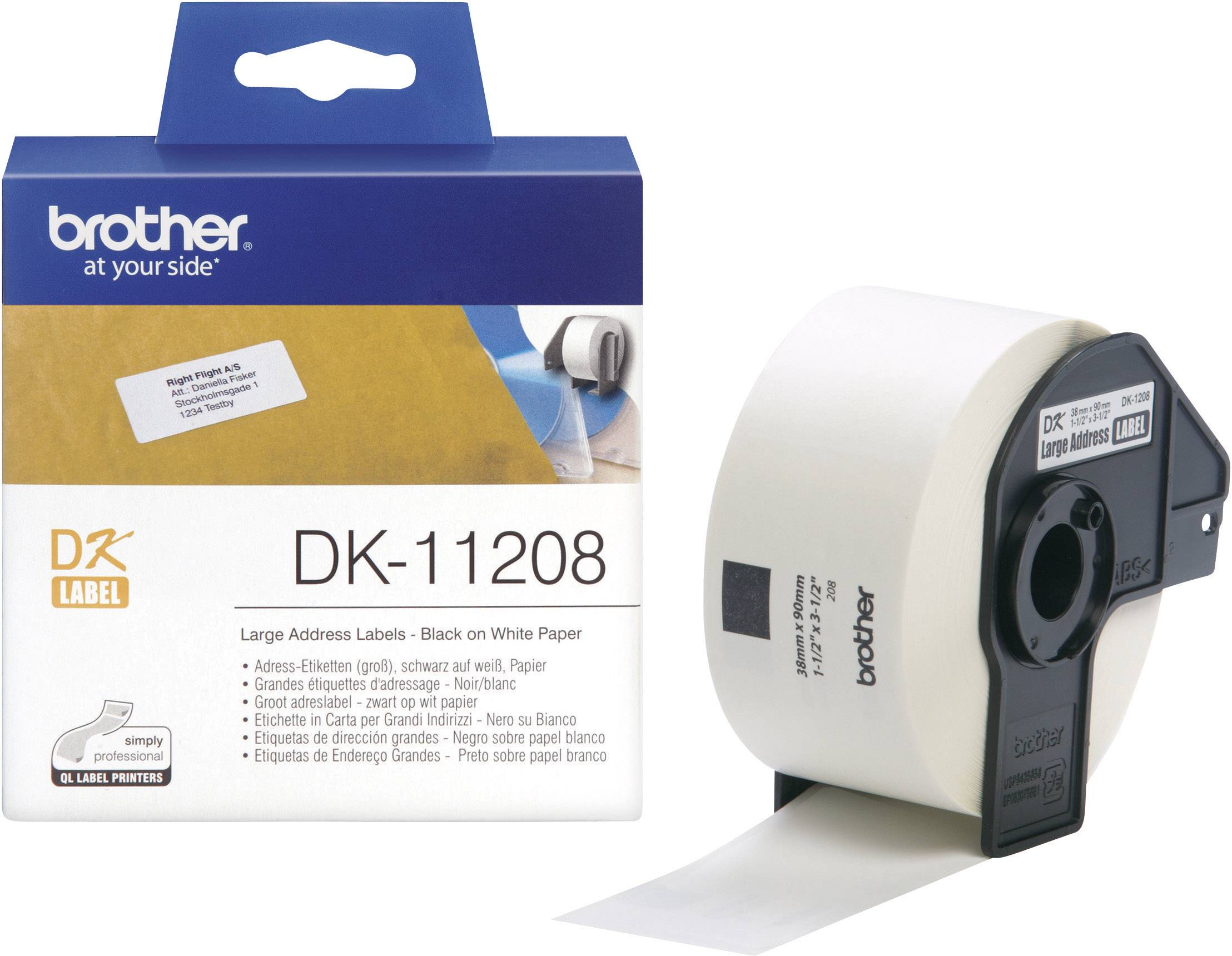Brother DK-11208 Rol met etiketten 39 x 90 mm Papier Wit 400 stuk(s) Permanent hechtend DK11208 Adresetiketten