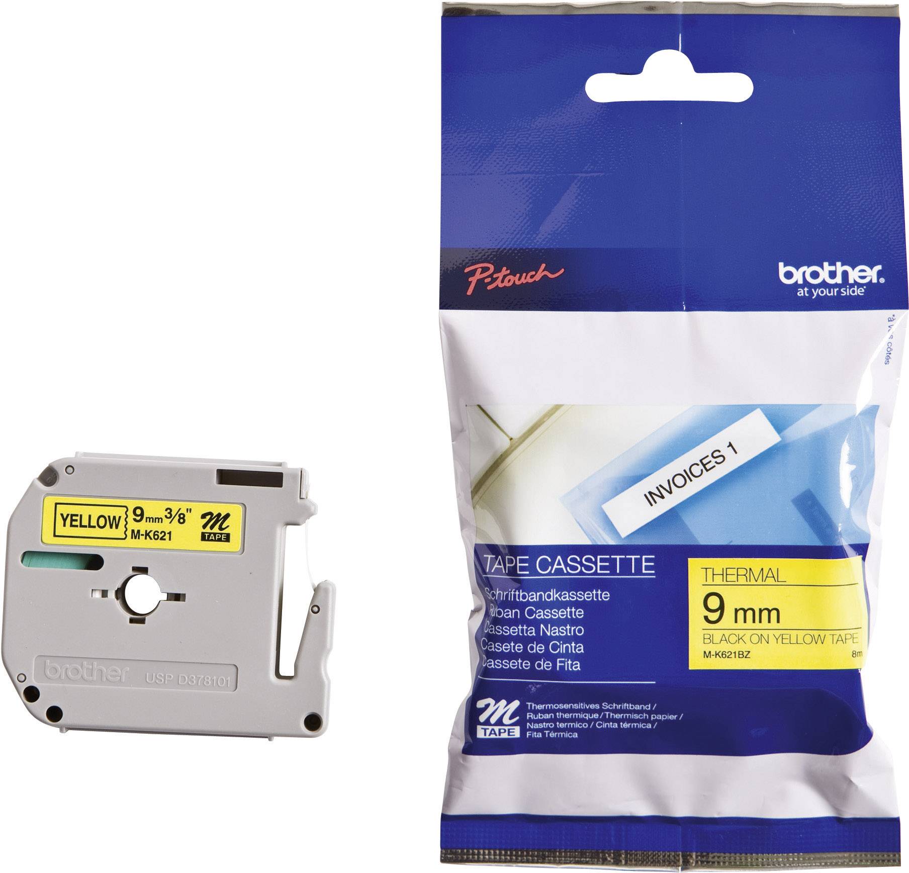 Paket Brother P-touch termo trake s termo trakom pored njega. Žuta 9mm traka; pogodna za označavanje.