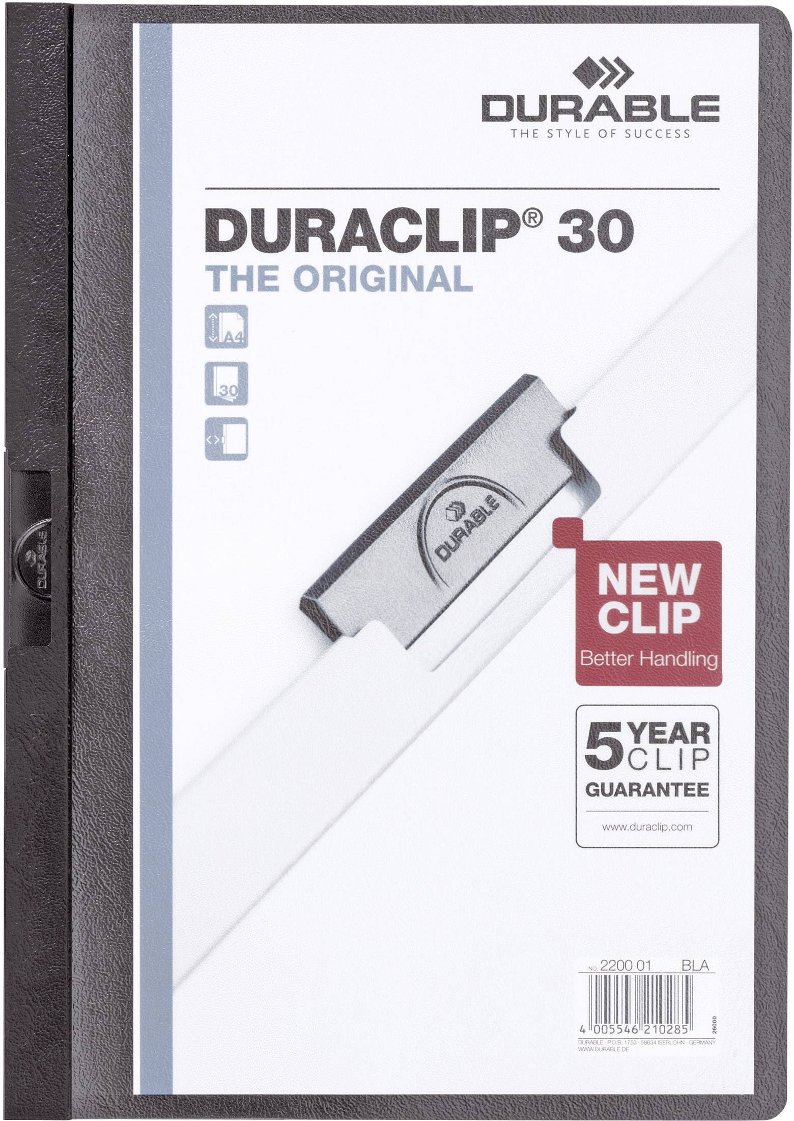 Durable 'Duraclip 30' fascikl, opisan kao 'Original', ima novu ušipku za bolje rukovanje i 5 godina jamstva.