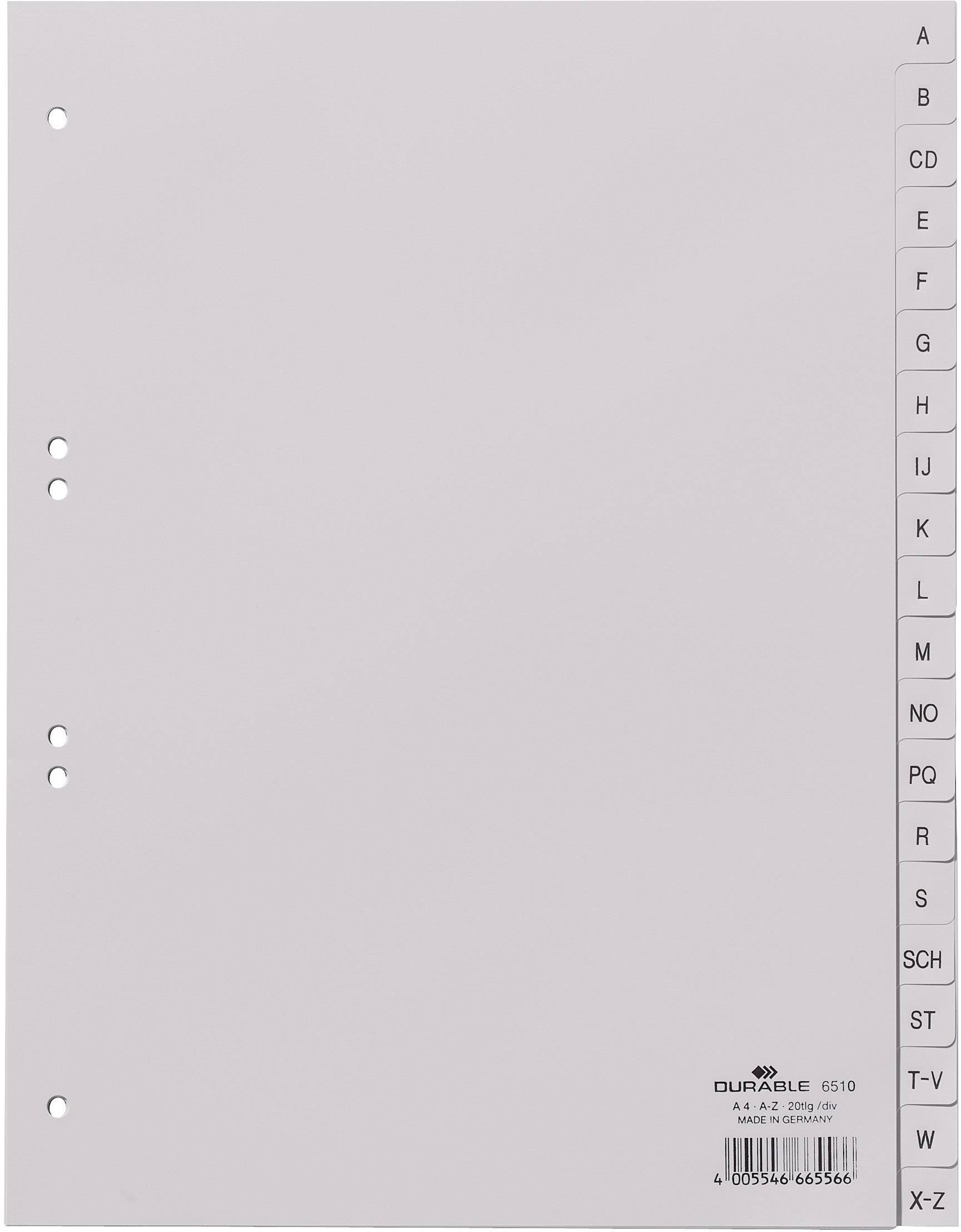Durable 6510 Register DIN A4 A-Z Polypropyleen Grijs 20 tabbladen Bedrukte tabs 651010