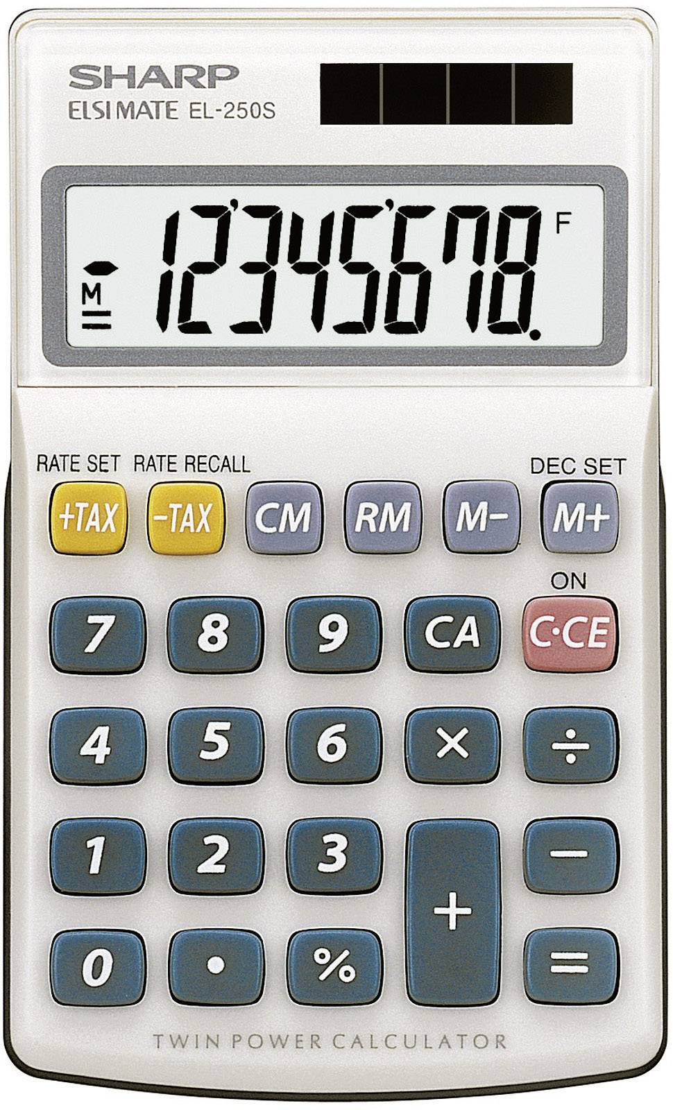 Elektronički džepni kalkulator s displejom koji prikazuje brojeve '12345678', ispod kojeg se nalaze funkcijske tipke za računanje i memoriju.