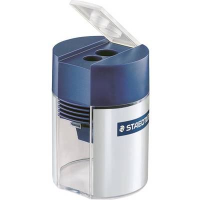 Plavi i prozirni šiljač olovaka s otvorenim poklopcem i dvije otvora, pogodan za različite veličine olovaka.