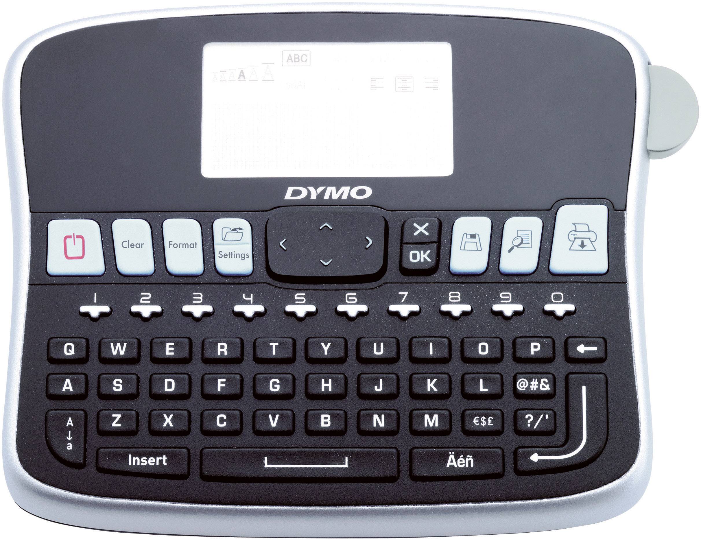 Crno-sivi Dymo uređaj za označavanje s ekranom gore i QWERTY tipkovnicom dolje. Tipke za 'Format', 'Postavke' i 'U redu'.