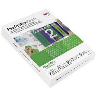 Ambalaža A4 folije za plastificiranje. Sadržava 100 sjajnih folija, debljine 125 mikrometara. Slika prikazuje primjenu za oznaku 'Soba za sastanke 2'.