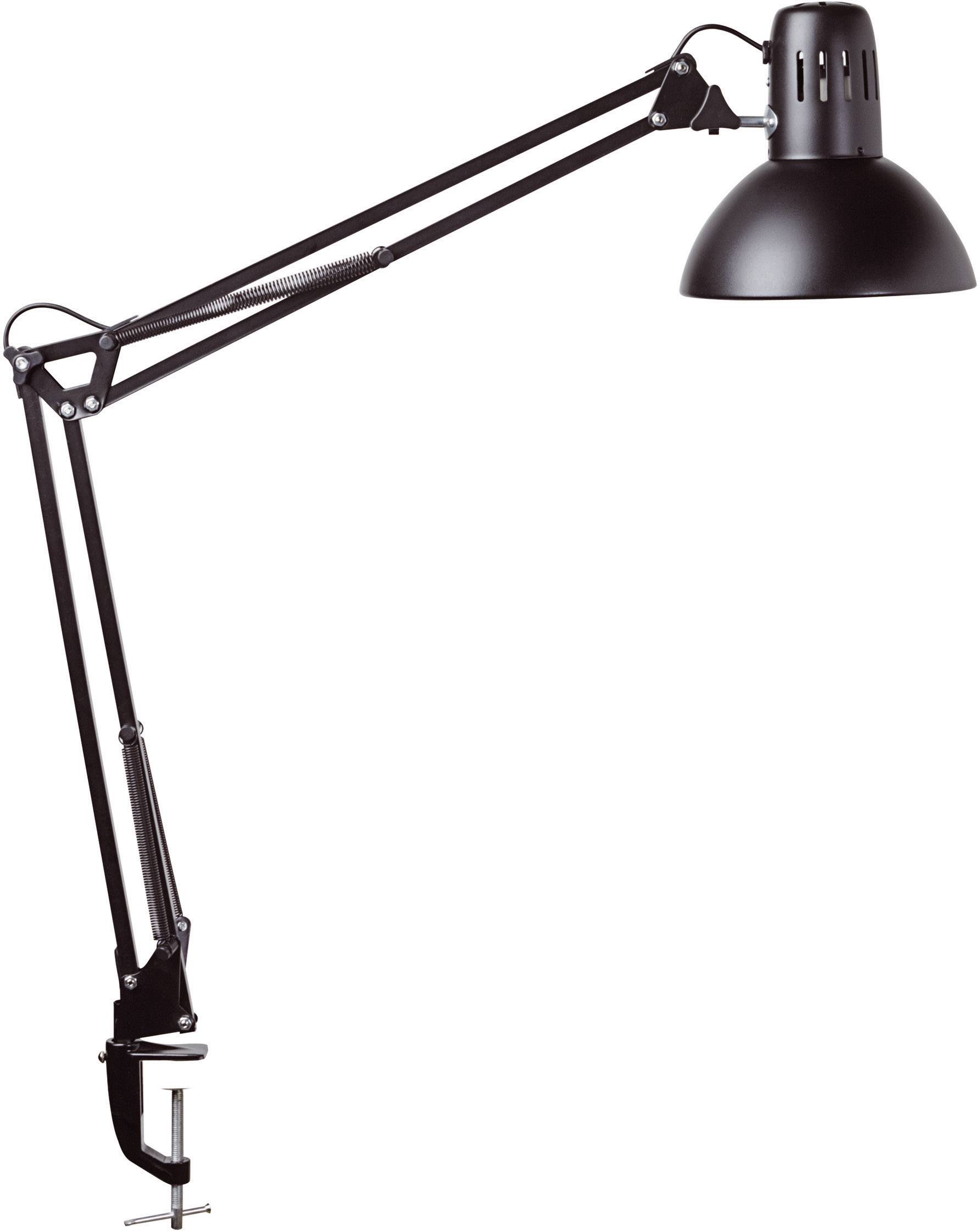 Crna stolna lampa s podesivom rukom i stezaljkom. Idealna za usmjereno osvjetljenje na radnom mjestu.