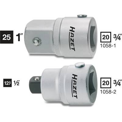 Dva srebrna adaptera Hazet za nasadne ključeve. Gornji ima mjere 25 mm na 1 inč, donji 12,5 mm na 1/2 inča.