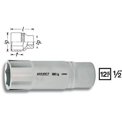 Nasadni ključ Hazet-a, model 900 Lg, veličina 1/2", s tehničkim crtežnim detaljima gore lijevo i podrijetlom iz 'Njemačke'.
