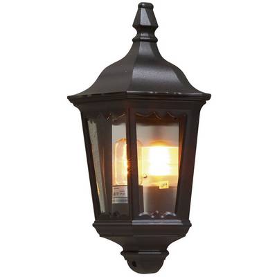 Crna zidna lampa sa staklenim prozorima i upanom žaruljom. Idealna za vanjsku rasvjetu.