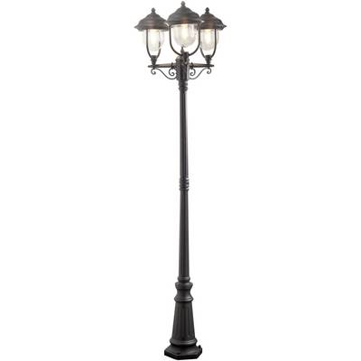 Crna, dekorativna ulična lampa s tri žarulje i prozirnim staklima koja osvjetljavaju prema gore. Idealna za osvjetljenje vrta.