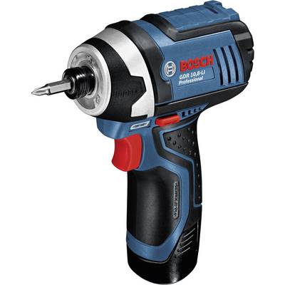 Akumulatorski odvijač Bosch, model GDR 10.8-LI Professional, u crnoj i plavoj boji, s crvenim gumbom i umetnutim bitom.