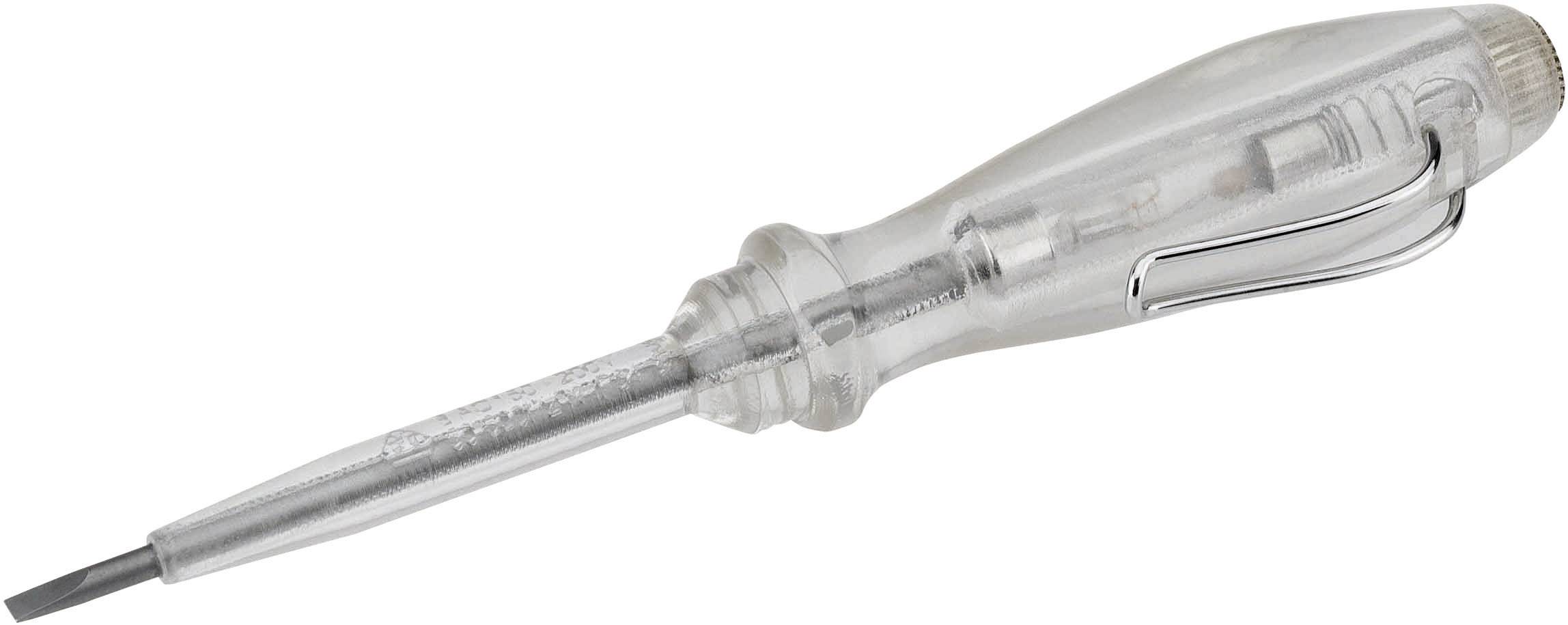 Fazni ispitivač s prozirnom plastičnom ručkom i metalnim vrhom, korišten za otkrivanje napona u elektroinstalacijama.