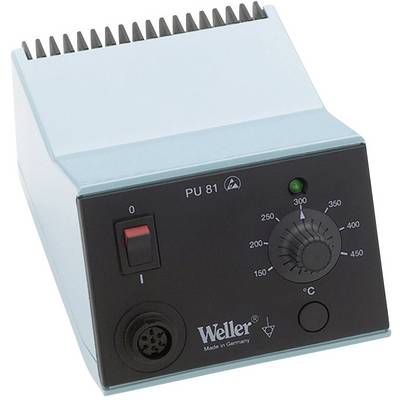 Plavi regulator temperature za lemilicu tvrtke Weller, model PU 81, s prekidačem, izbornim prekidačem temperature i LED indikatorom.