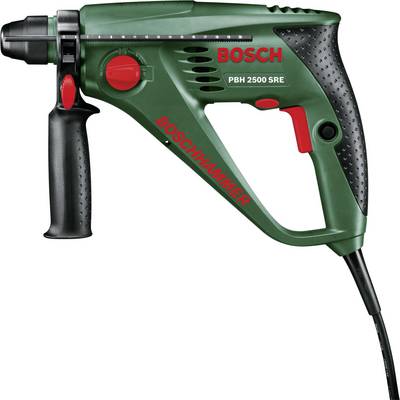 Zeleni električni čekić za bušenje s crvenim prekidačem i crnom ručkom, na kojemu piše 'Boschhammer PBH 2500 SRE'.