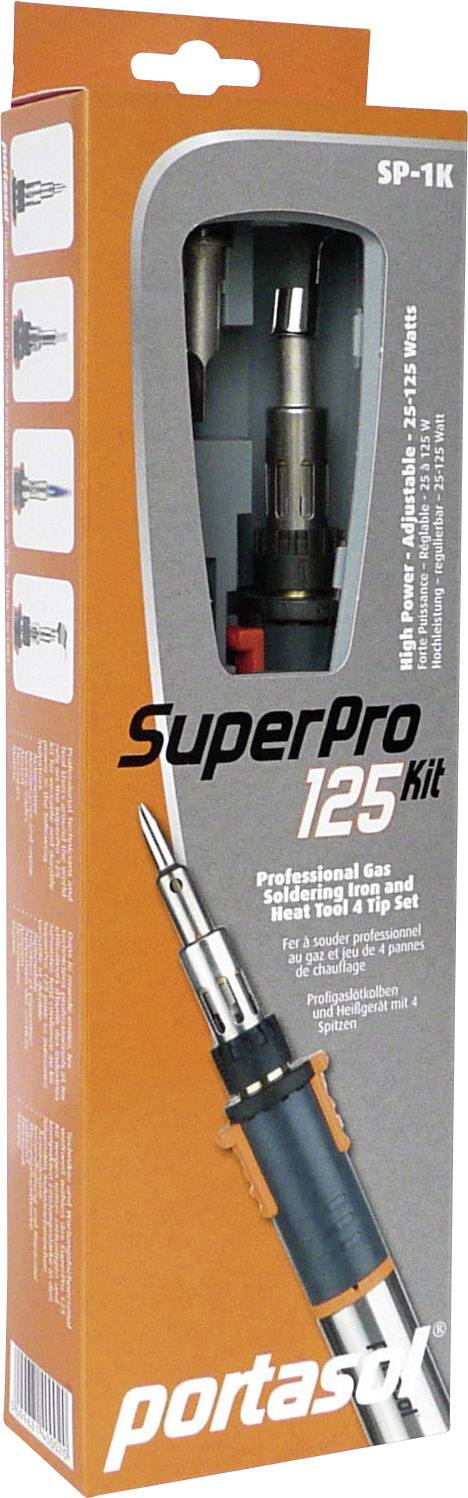 Ambalaža 'SuperPro 125 Kit' s vidljivim plinskim lemnim uređajem i priborom. Kutija je narančaste i sive boje s tehničkim detaljima.