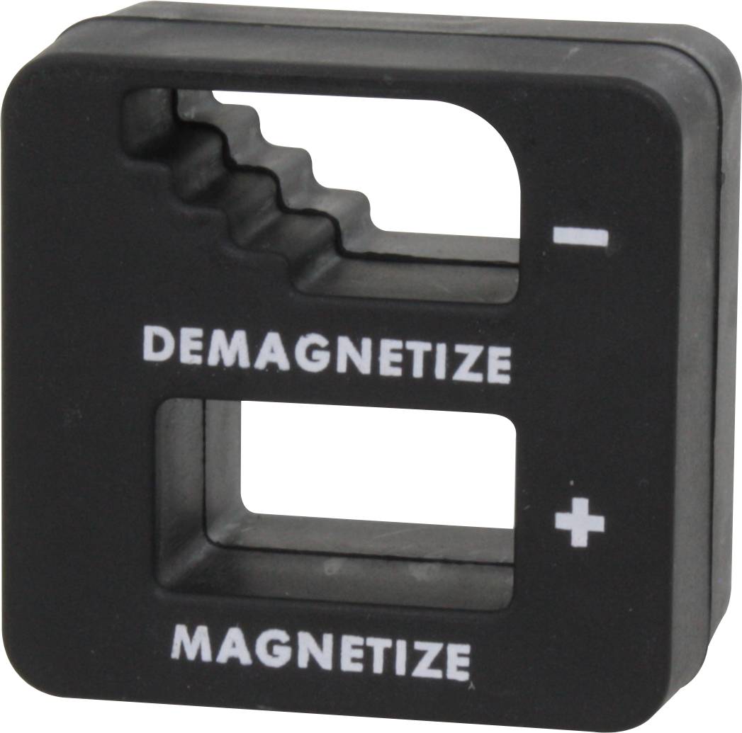 Mali kvadratni alat s otvorima za magnetiziranje i demagnetiziranje metalnih alata, crn s natpisom.