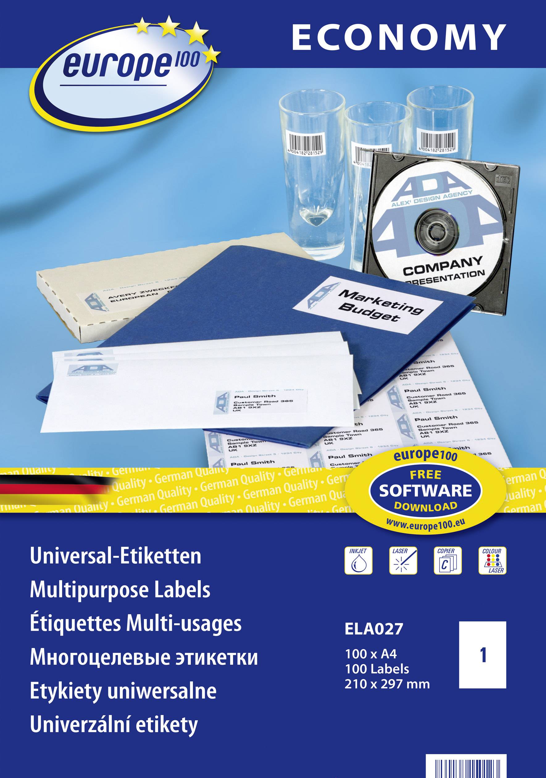 Paket univerzalnih naljepnica, uključujući CD, staklene posude i koverte, na plavoj pozadini. Naslov: ECONOMY.