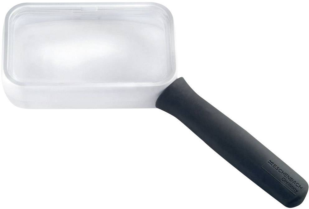 Povećalo s pravokutnim okvirom i crnom ručkom, idealno za čitanje sitnih tekstova i detalja.