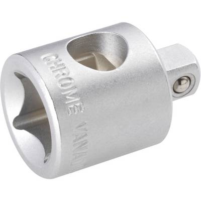 Adapter za nasadne ključeve u obliku cilindra od krom-vanadijskog čelika, srebrne boje, sa kvadratnim priključkom na vrhu, vijkom na dnu.