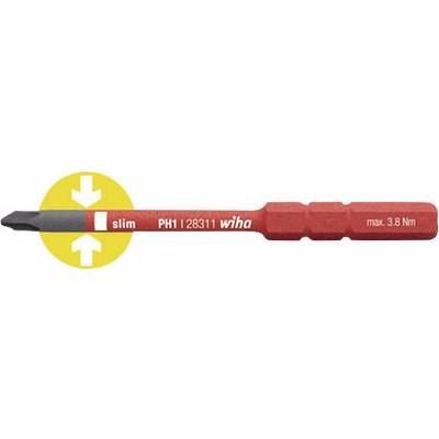 Crveni odvijač s crnim vrhom, žuti simbolički krug naglašava tankoću. Označen natpisom 'slim PH1 28311 wiha maks. 3,8 Nm'.