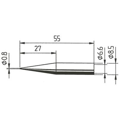 Tehnički nacrt šiljastog završetka. Ukupna duljina: 55 mm, najuži dio: promjer 0,8 mm, najširi dio: promjer 8,5 mm.