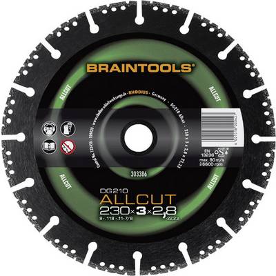 Kružna metalna ploča, označena natpisom 'Braintools Allcut', promjera 230 mm, debljine 3 mm, maksimalno 80 m/s pri 6600 okretaja u minuti.