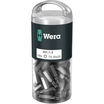 Cilindrično pakiranje Wera sa 100 TX 20x25 vijčanih bitova. Prozirni poklopac prikazuje srebrne bitove unutra.