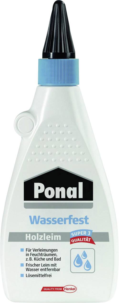 Bočica vodootpornog ljepila za drvo marke Ponal, prikladna za vlažne prostore. Sadrži napomene o kvaliteti i primjeni.
