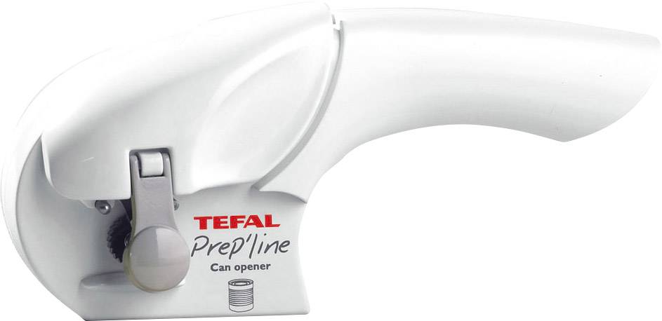Bijeli otvarač konzervi Tefal s natpisom 'Prep'line Can opener'.