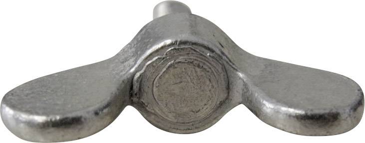 Srebrna metalna krilata matica s dva široka, ravna krila za ručno pričvršćivanje vijaka ili čivija.